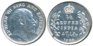 Edward VII, Silver ¼ Rupee, 1908, Calcutta Mint, (Prid 437). About Uncirculated.