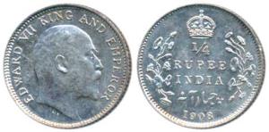 Edward VII, Silver ¼ Rupee, 1908, Calcutta Mint, (Prid 437). About Uncirculated.