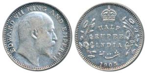 Edward VII, Silver ½ Rupee, 1905, Calcutta Mint, No mint mark, (Prid 309). Very Fine+, Sca