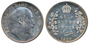 Edward VII, Silver ½ Rupee, 1907, Bombay Mint, B incuse and dot, (Prid 316). Toned, About 