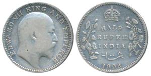 Edward VII, Silver ½ Rupee, 1908, Calcutta Mint, No mint mark, (Prid 312). Fine+.
