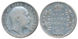 Edward VII, Silver ½ Rupee, 1909, Calcutta Mint, No mint mark, (Prid 313). Very Fine.