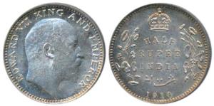 Edward VII, Silver ½ Rupee, 1910, Bombay Mint, B incuse and dot, (Prid 317). Extremely Fin