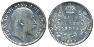 Edward VII, Silver ½ Rupee, 1910, Calcutta Mint, No mint mark, (Prid 314). Very Fine+.