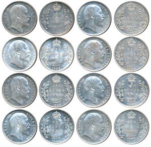 Edward VII, Silver Rupee (8), 1904, 1905, 1906, Calcutta Mint & 1906, 1907, 1908, 1909, 19