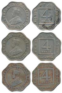 George V, Cupro-Nickel 4 Annas (3), 1919 & 1920, both Calcutta Mint, 1921, Bombay Mint, (P