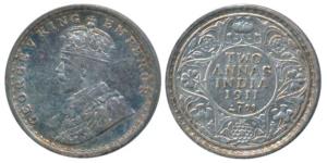 George V, Silver 2 Annas, 1911, Calcutta Mint, (Prid 564). Very Fine+, Rare.