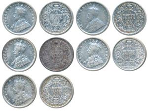 George V, Silver ¼ Rupee (5), 1912, 1913, 1926, 1929, 1930, All Calcutta Mint, (Prid 441, 