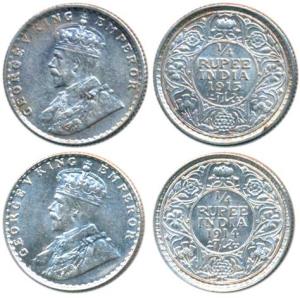 George V, Silver ¼ Rupee (2), 1913 & 1914, Bombay Mint (Prid 455 & 456). About Extremely F
