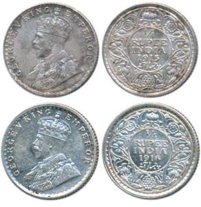 George V, Silver ¼ Rupee (2), 1915, Bombay Mint (Prid 457). 1916, Calcutta Mint, (Prid 445