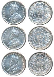 George V, Silver ¼ Rupee (3), 1917, 1918, 1919, All Calcutta Mint, (Prid 446, 447 & 448). 