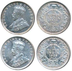 George V, Silver ¼ Rupee (2), 1925 & 1928, Bombay Mint (Prid 458 & 459). Uncirculated. (2)