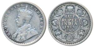 George V, Silver ½ Rupee, 1915, Calcutta Mint, (Prid 322). Very Fine, Rare.