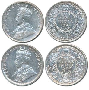George V, Silver ½ Rupee (2), 1922, Calcutta and Bombay Mint, (Prid 324 & 344). (with an e