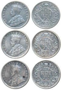 George V, Silver ½ Rupee (3), 1923, Calcutta and Bombay Mint; 1929, Calcutta Mint, (Prid 3