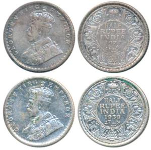 George V, Silver ½ Rupee (2), 1927, 1930 Calcutta Mint; (Prid 330 & 332). Very Fine+, Scar
