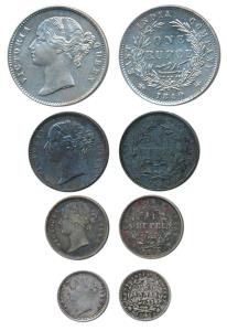 Victoria Queen, set of 4, Silver Rupee, ½, ¼ and 2 Annas, 1840, Divided legend, Calcutta /