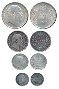 Edward VII, set of 4, Silver Rupee, ½, ¼ and 2 Annas, 1905, Calcutta Mint. About Very Fine