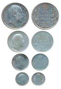 Edward VII, set of 4, Silver Rupee, ½, ¼ and 2 Annas, 1908, Calcutta Mint. Fine+ to About 
