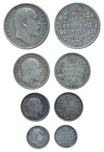 Edward VII, set of 4, Silver Rupee, ½, ¼ and 2 Annas, 1910, the first and fourth Bombay Mi