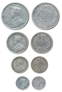 George V, set of 4, Silver Rupee, ½, ¼ and 2 Annas, 1915, the first and second Calcutta Mi