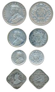 George V, set of 3, Silver Rupee, ½, ¼ and Copper Nickel 2 Annas, 1918, the first and seco