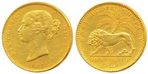 Victoria Queen, Gold Mohur, 11.60g, 1841, Divided legend, WW incused on truncation (KM 462
