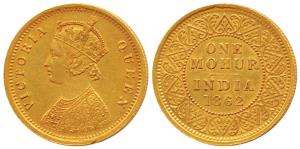 Victoria Queen, Gold Mohur, 1862, two flowers in bottom panel of jabot, V in Jabot (Prid 6