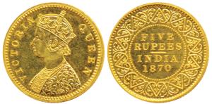 Victoria Queen, Gold Rupees 5, Calcutta Mint, 1870, ’CM’ in Jabbot (Prid 40, KM 478). Proo