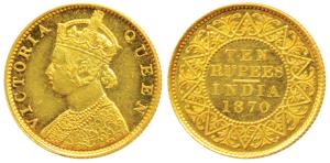 Victoria Queen, Proof Gold Rupees 10, 1870 (Prid 29, KM 479). Proof Restrike, Very Rare.