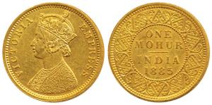 Victoria Empress, Gold Mohur, 1885, V in Jabot (Prid 21). About Uncirculated, Very Rare es