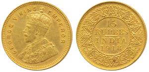 George V, Gold 15 Rupees, 1918, Bombay Mint, (KM 525). About Extremely Fine, Very Rare.