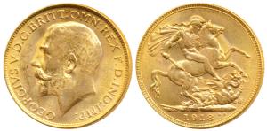 George V, Gold Sovereign, 8g, Bombay Mint, 1918, ’I’ mint mark for India on rev. (KM 525A)
