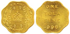 Bombay Mint, Token, Gold 1 Tola, H M Mint, crown within wreath and Bombay below on obv., 1