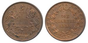 Copper ¼ Anna, 1835, Madras Mint, 23 Berries (12 L+11 R), slanting top to numeral 1, Y of 