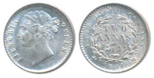 Victoria Queen, Silver 2 Annas, 1841, Divided legend, Calcutta Mint, W.W. raised, 9 Berrie