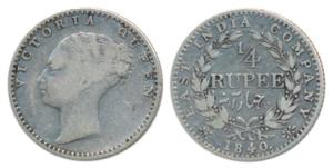 Victoria Queen, Silver ¼ Rupee, 1840, Continuous legend, Calcutta Mint, Indian head, incus