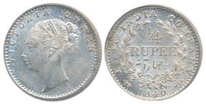 Victoria Queen, Silver ¼ Rupee, 1840, Continuous legend, Calcutta Mint, Indian head, incus