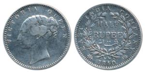 Victoria Queen, Silver ½ Rupee, 1840, Continuous legend, crescent not visible, Probably Bo