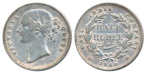 Victoria Queen, Silver ½ Rupee, 1840, Divided legend, Calcutta / Bombay Mint, WW incuse, 2