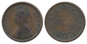 Victoria Queen, Copper ½ Anna, 1862, Calcutta Mint, slanting top to numeral 1 in date, (Pr
