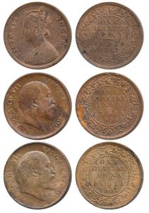 Victoria Empress, Copper ¼ Anna 1862; Edward, 1906 and 1907 (Prid 613). About Extremely Fi