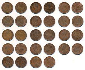 Victoria Queen, Copper ¼ Anna (14), 1862, 1875, 1883, 1884, 1885, 1886, 1887, 1888, 1889, 