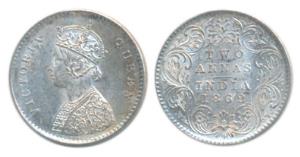 Victoria Queen, Silver 2 Annas, 1862, Calcutta Mint, No Mint mark, top three petals of the