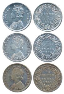 Victoria Queen & Empress, Silver ¼ Rupee (3), 1862, Calcutta Mint, A / I / No mint mark, (