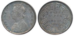Victoria Queen, Silver ½ Rupee, 1862, Calcutta Mint, A / I, (Prid 255). Nice mint luster, 