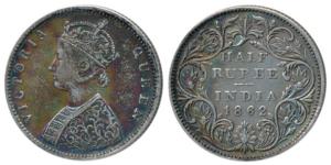 Victoria Queen, Silver ½ Rupee, 1862, Bombay Mint, B1 / II, Round pearls in the crown, (Pr