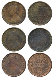Victoria Empress, Copper ¼ Anna (3), 1875, 1876 and 1891, Calcutta Mint. Very Fine+ to Abo