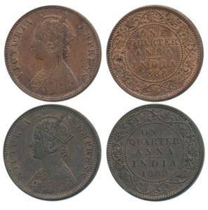 Victoria Empress, Copper ¼ Anna (2), 1888, Calcutta Mint; 1889, Bombay Mint, (Prid 621 & 6