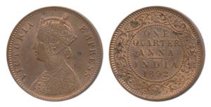 Victoria Empress, Copper ¼ Anna, 1892, Calcutta Mint, (Prid 625). About Uncirculated.